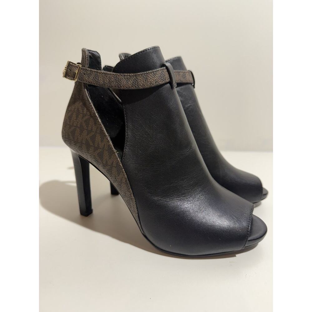 Michael Kors Peep Toe Ankle Booties Black Leather MK Logo Strap Size 6.5M